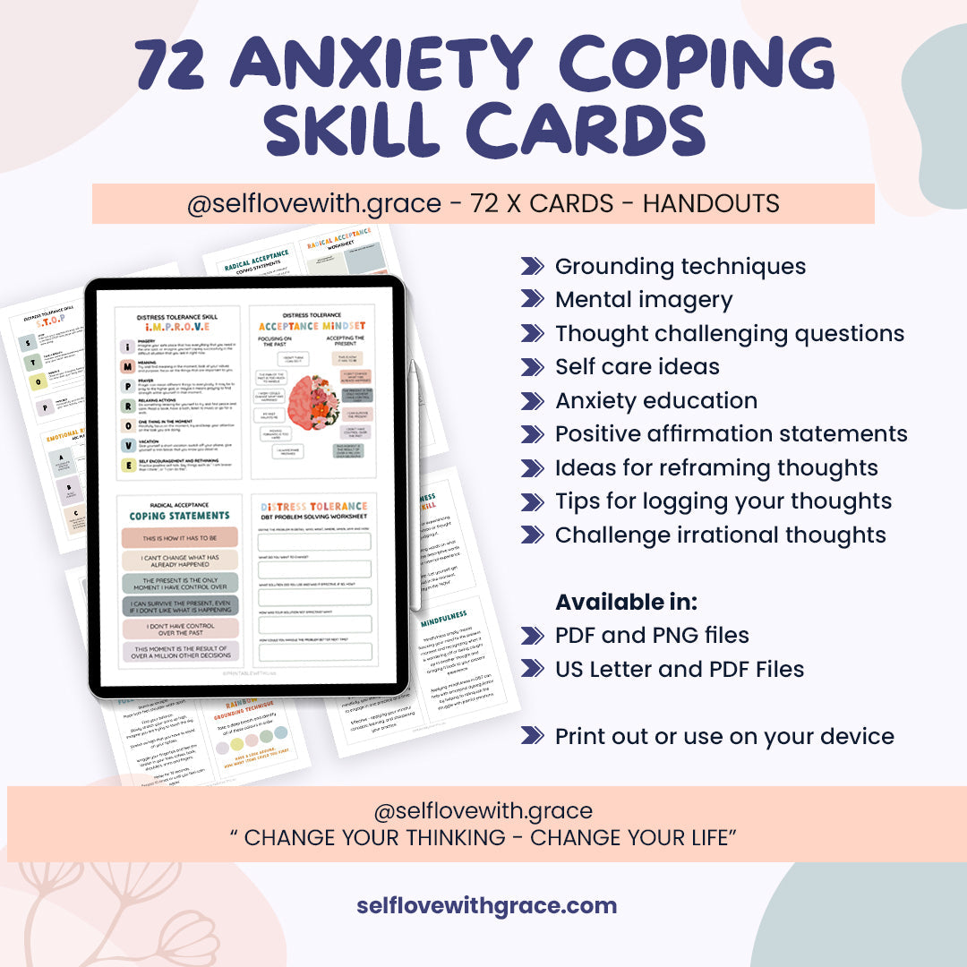 Anxiety coping skill flashcard, therapy worksheet, anxiety relief, coping strategy cards, psychology resources, therapy office decor