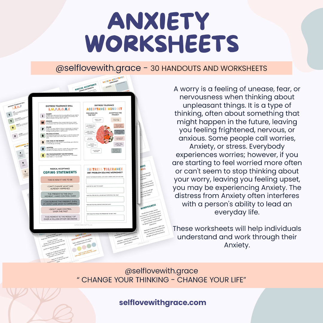 Anxiety worksheets bundle, therapy tools, therapy worksheets, anxiety journal, therapy office decor, social psychology, DBT, CBT