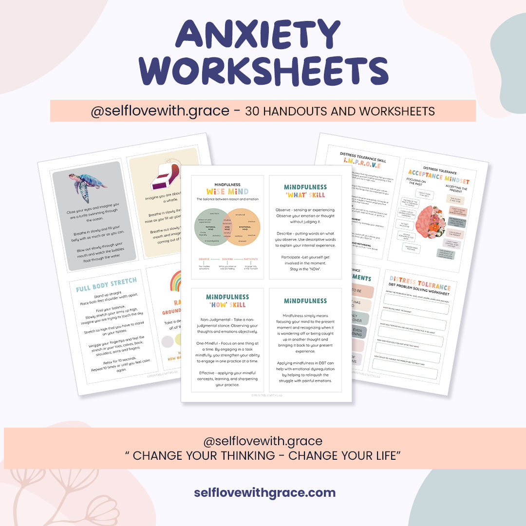 Anxiety worksheets bundle, therapy tools, therapy worksheets, anxiety journal, therapy office decor, social psychology, DBT, CBT