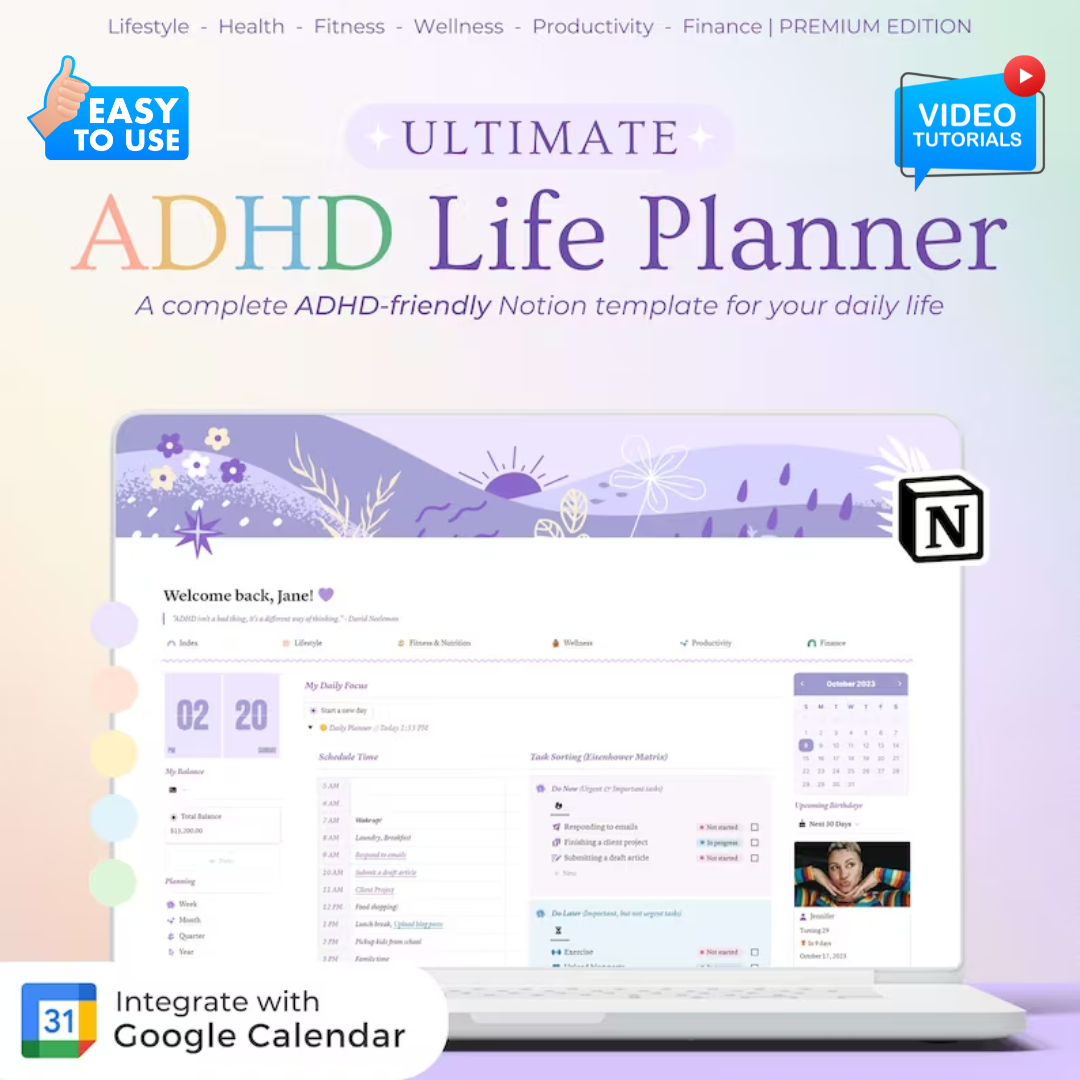 ADHD Notion Life Planner | ADHD Notion Template, ADHD Notion, Notion Dashboard, All in one Notion Template, Personal Planner for Notion