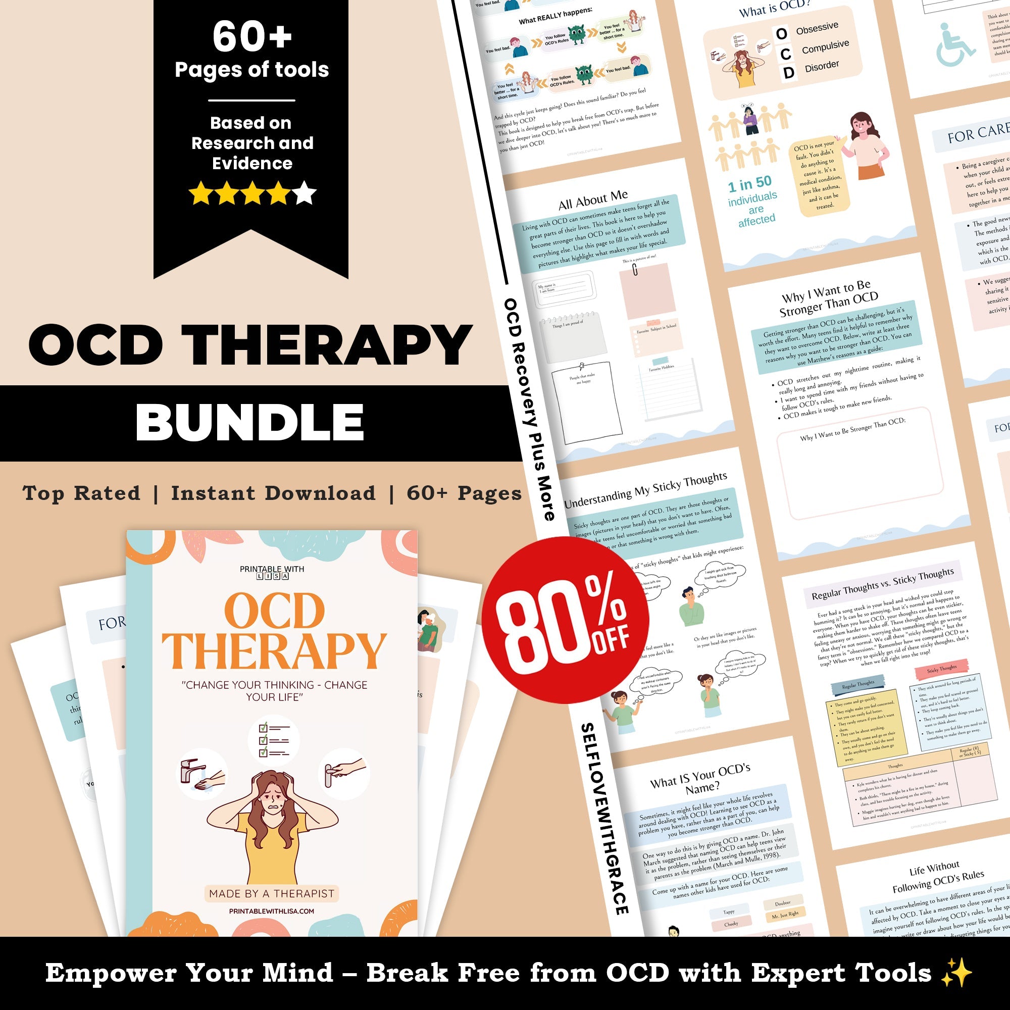 OCD Therapy Worksheets | OCD Tracker and Journal Pages | OCD Management Solutions | Self-Care Workbook Printable
